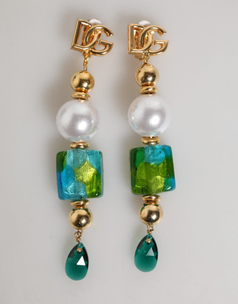 Dolce & Gabbana Gold Brass Multicolour Pearl Green Blue Drop Logo DG Earrings - Beyzy Store - Dolce & Gabbana