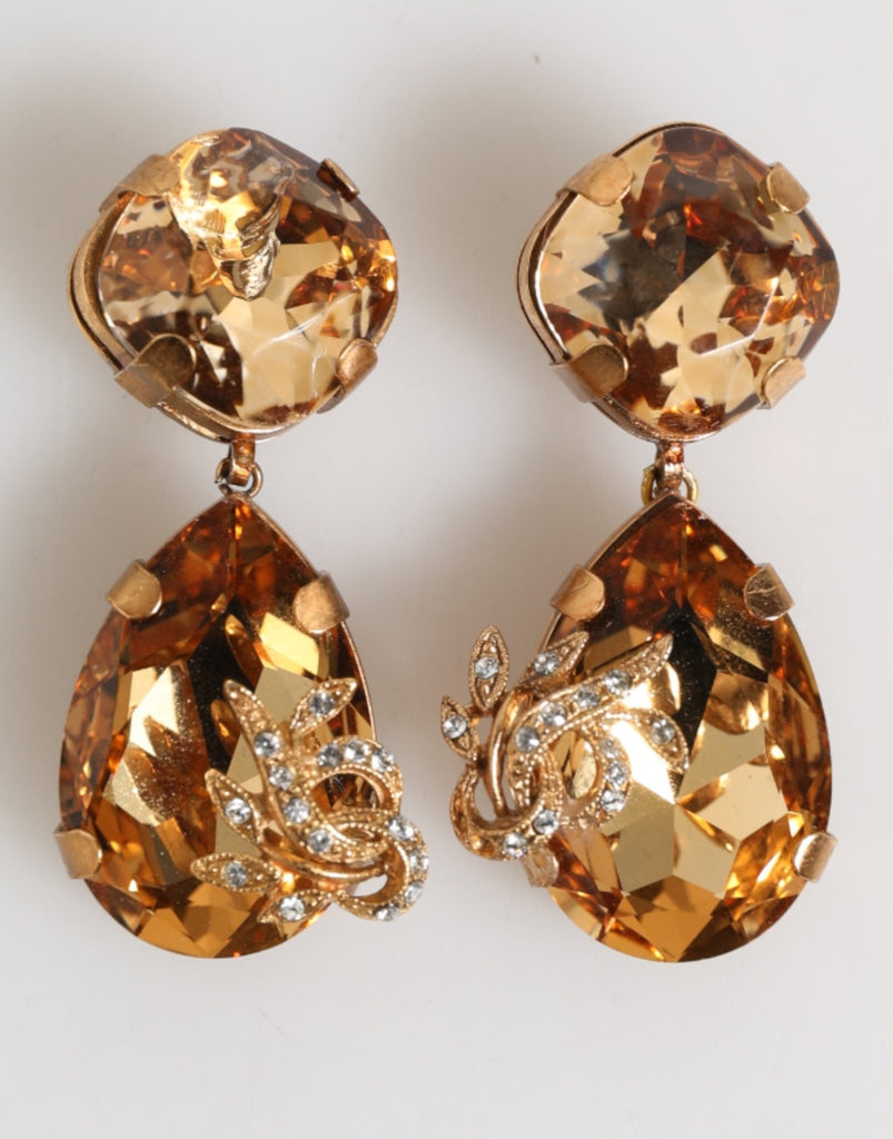 Dolce & Gabbana Gold Crystal Drop Clip - On Strass Floral Jewelry Earrings - Beyzy Store - Dolce & Gabbana