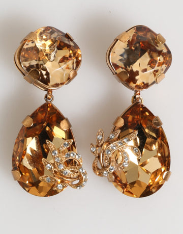 Dolce & Gabbana Gold Crystal Drop Clip - On Strass Floral Jewelry Earrings - Beyzy Store - Dolce & Gabbana