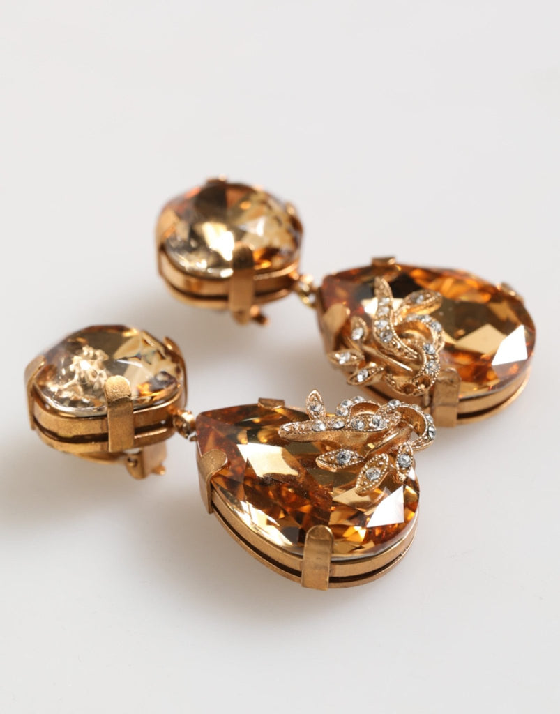 Dolce & Gabbana Gold Crystal Drop Clip - On Strass Floral Jewelry Earrings - Beyzy Store - Dolce & Gabbana