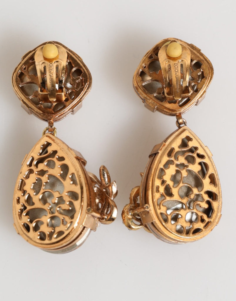 Dolce & Gabbana Gold Crystal Drop Clip - On Strass Floral Jewelry Earrings - Beyzy Store - Dolce & Gabbana
