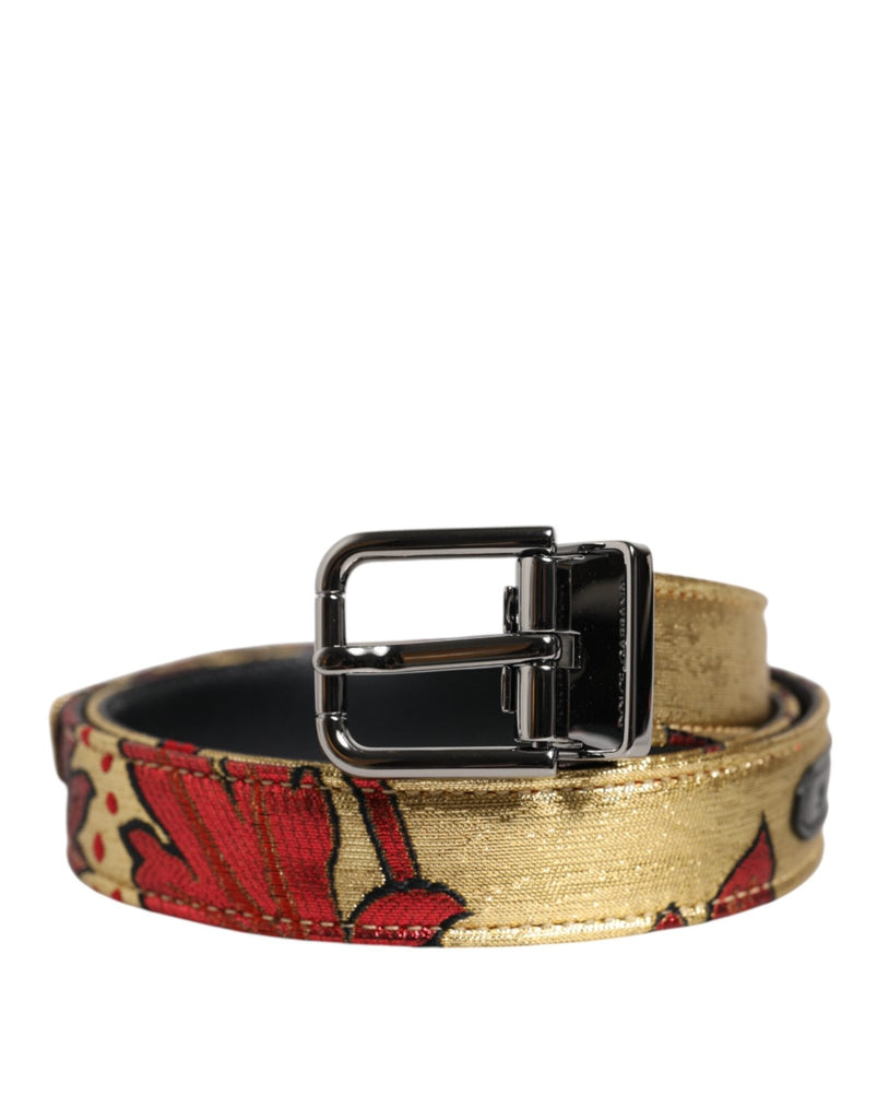 Dolce & Gabbana Gold Floral Jacquard Silver Metal Buckle Belt - Beyzy Store - Dolce & Gabbana