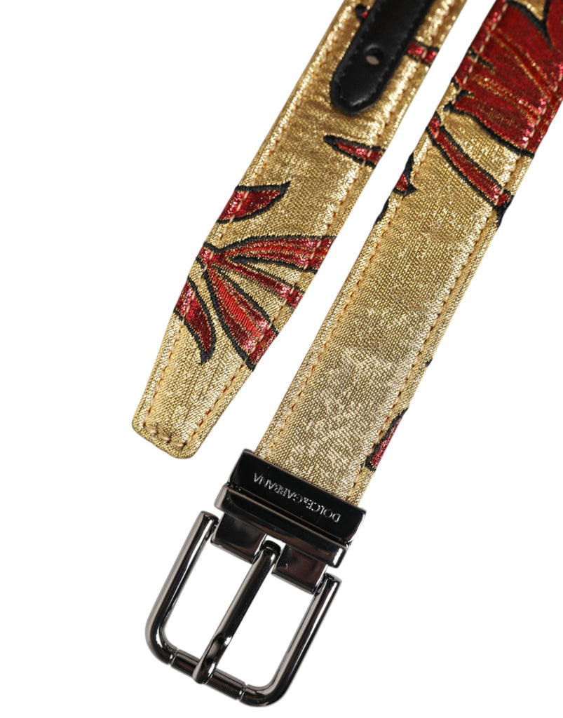 Dolce & Gabbana Gold Floral Jacquard Silver Metal Buckle Belt - Beyzy Store - Dolce & Gabbana