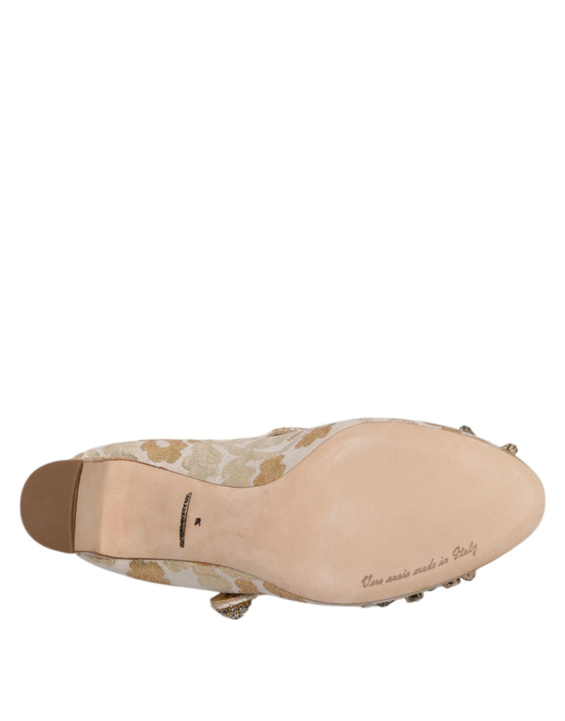 Dolce & Gabbana Gold Jacquard Crystal Mary Janes Pumps Shoes - Beyzy Store - Dolce & Gabbana