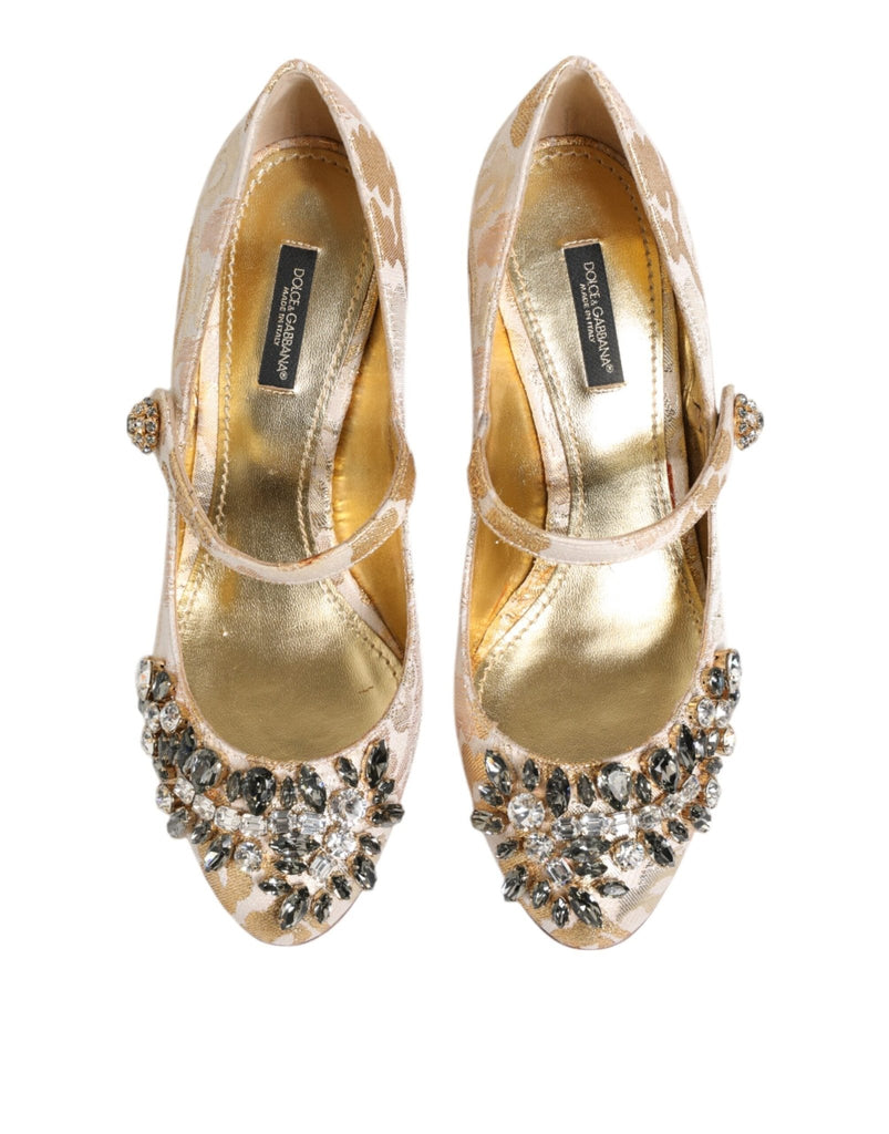 Dolce & Gabbana Gold Jacquard Crystal Mary Janes Pumps Shoes - Beyzy Store - Dolce & Gabbana