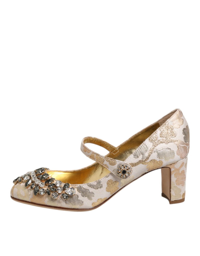 Dolce & Gabbana Gold Jacquard Crystal Mary Janes Pumps Shoes - Beyzy Store - Dolce & Gabbana