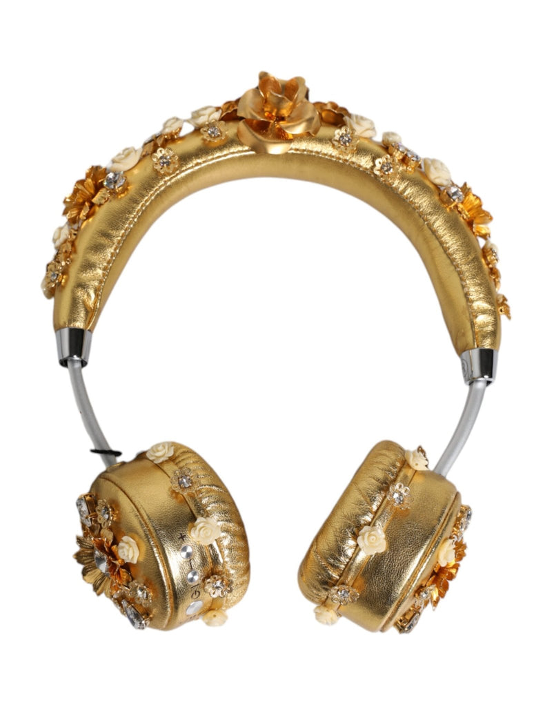 Dolce & Gabbana Gold Leather Floral Crystal Angel Headset Headphones - Beyzy Store - Dolce & Gabbana