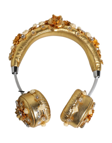 Dolce & Gabbana Gold Leather Floral Crystal Angel Headset Headphones - Beyzy Store - Dolce & Gabbana