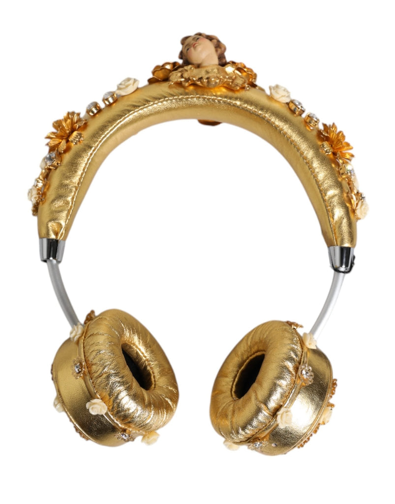 Dolce & Gabbana Gold Leather Floral Crystal Angel Headset Headphones - Beyzy Store - Dolce & Gabbana