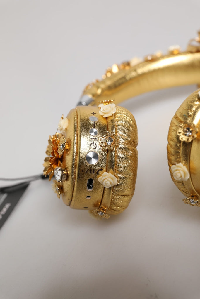Dolce & Gabbana Gold Leather Floral Crystal Angel Headset Headphones - Beyzy Store - Dolce & Gabbana