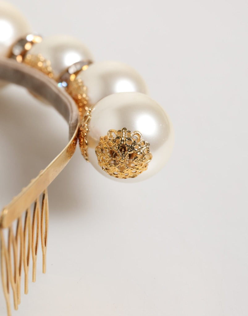 Dolce & Gabbana Gold Pearl Crystal Embellished Tiara Hair Accessory Headband - Beyzy Store - Dolce & Gabbana