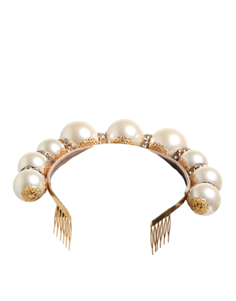 Dolce & Gabbana Gold Pearl Crystal Embellished Tiara Hair Accessory Headband - Beyzy Store - Dolce & Gabbana