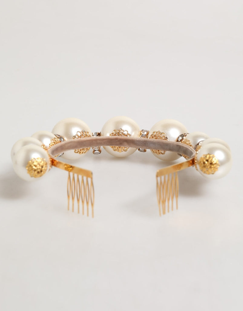 Dolce & Gabbana Gold Pearl Crystal Embellished Tiara Hair Accessory Headband - Beyzy Store - Dolce & Gabbana