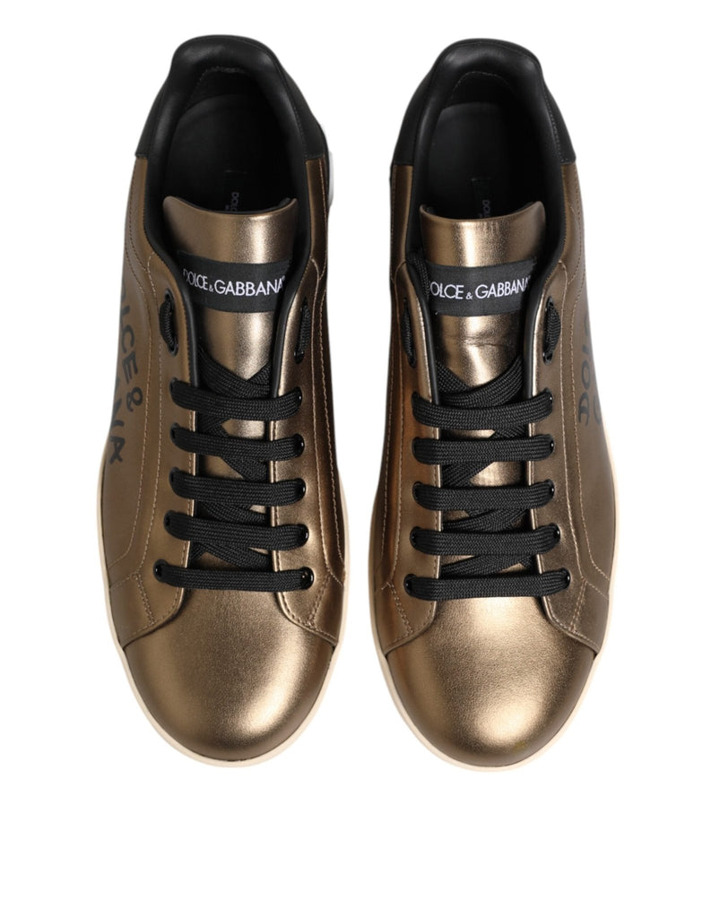 Dolce & Gabbana Gold Portofino Leather Low Top Sneakers Shoes - Beyzy Store - Dolce & Gabbana