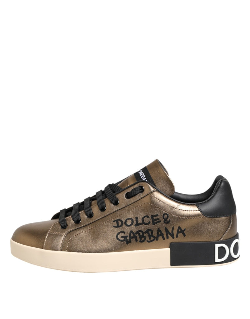 Dolce & Gabbana Gold Portofino Leather Low Top Sneakers Shoes - Beyzy Store - Dolce & Gabbana