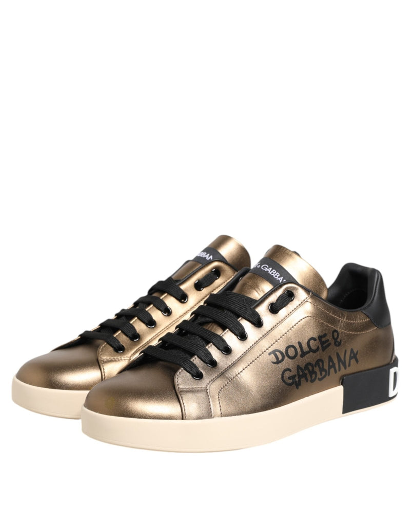 Dolce & Gabbana Gold Portofino Leather Low Top Sneakers Shoes - Beyzy Store - Dolce & Gabbana