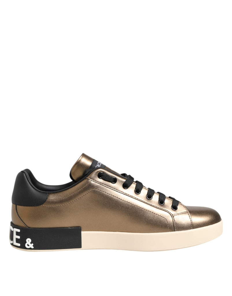Dolce & Gabbana Gold Portofino Leather Low Top Sneakers Shoes - Beyzy Store - Dolce & Gabbana