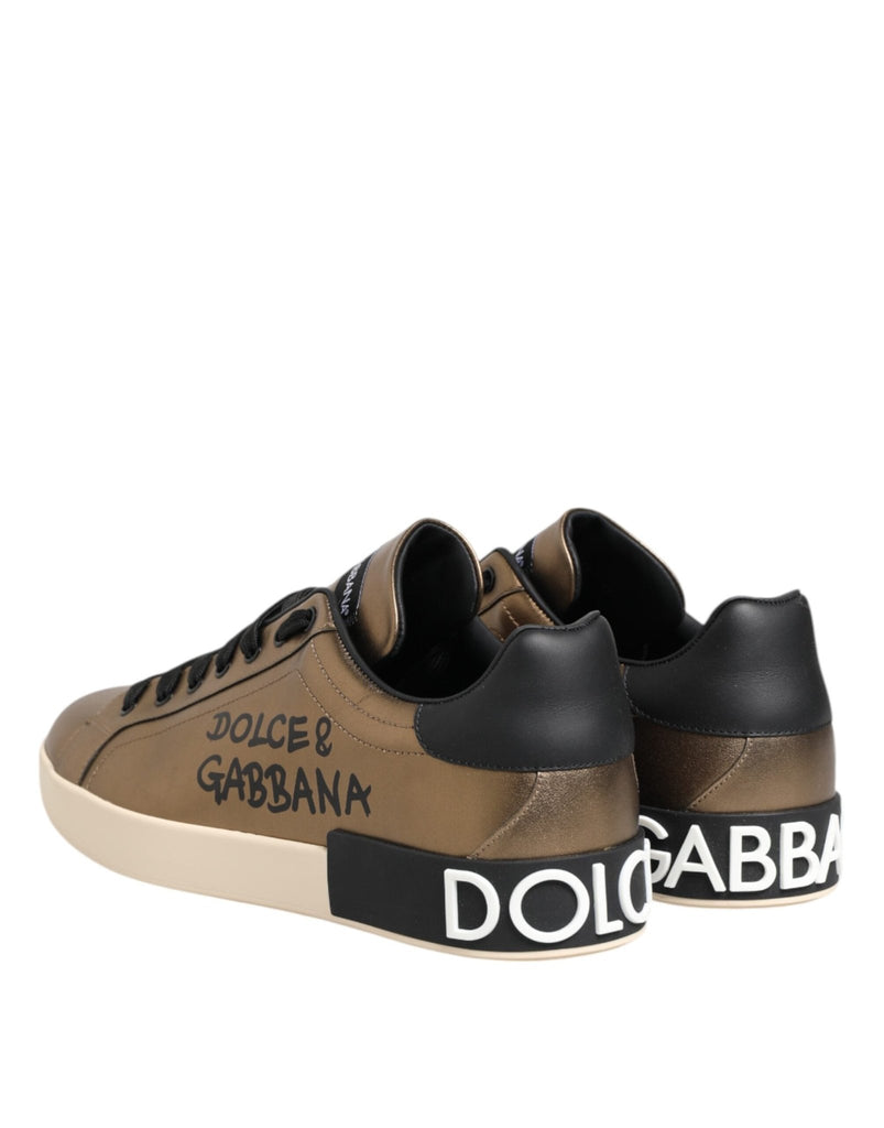 Dolce & Gabbana Gold Portofino Leather Low Top Sneakers Shoes - Beyzy Store - Dolce & Gabbana