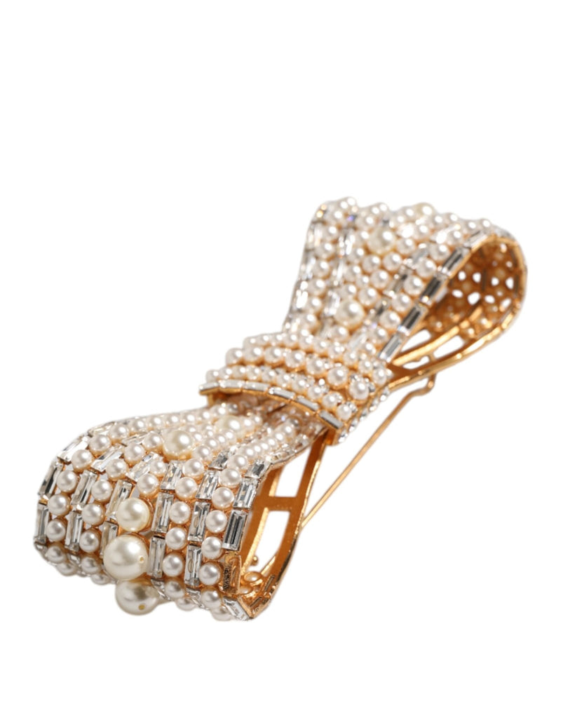 Dolce & Gabbana Gold Tone Brass Bow Crystal FauxPearl Embellished Brooch - Beyzy Store - Dolce & Gabbana