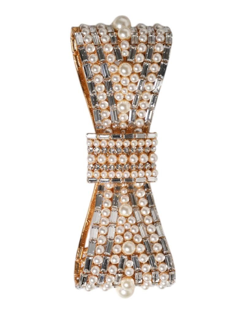 Dolce & Gabbana Gold Tone Brass Bow Crystal FauxPearl Embellished Brooch - Beyzy Store - Dolce & Gabbana