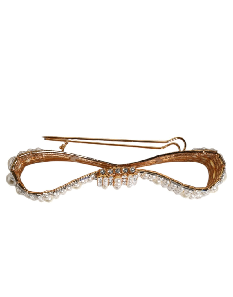 Dolce & Gabbana Gold Tone Brass Bow Crystal FauxPearl Embellished Brooch - Beyzy Store - Dolce & Gabbana
