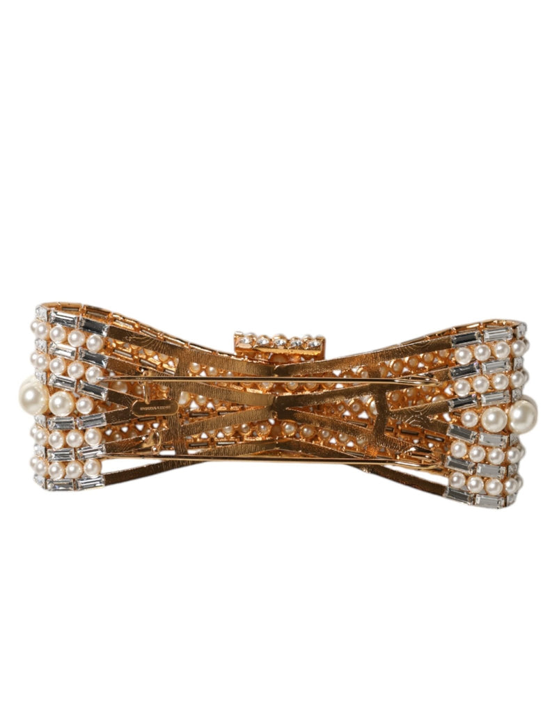 Dolce & Gabbana Gold Tone Brass Bow Crystal FauxPearl Embellished Brooch - Beyzy Store - Dolce & Gabbana