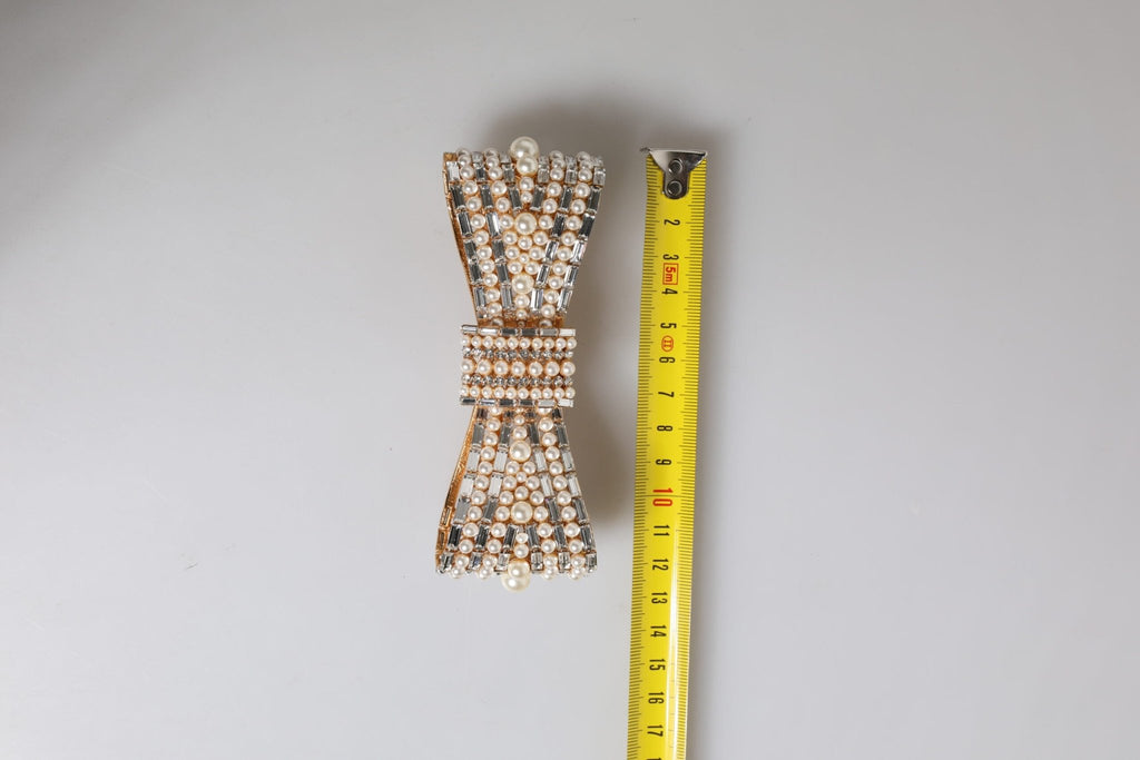 Dolce & Gabbana Gold Tone Brass Bow Crystal FauxPearl Embellished Brooch - Beyzy Store - Dolce & Gabbana