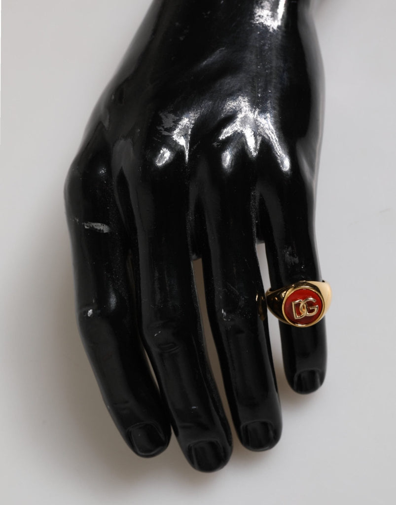 Dolce & Gabbana Gold Tone Real Brass Red DG Logo Men Ring - Beyzy Store - Dolce & Gabbana