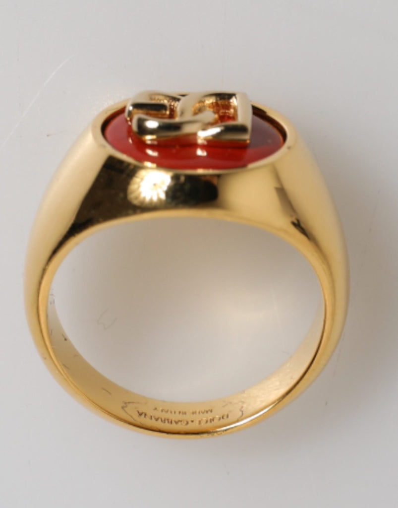 Dolce & Gabbana Gold Tone Real Brass Round Red DG Logo Men Ring - Beyzy Store - Dolce & Gabbana