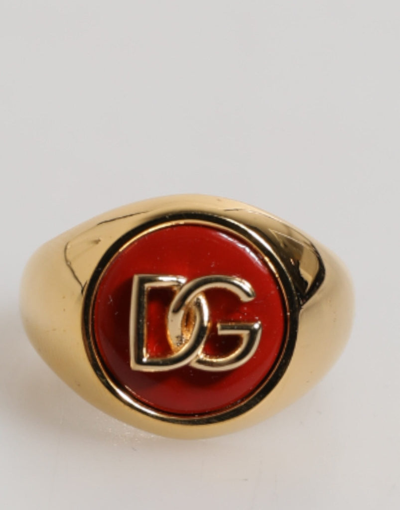 Dolce & Gabbana Gold Tone Real Brass Round Red DG Logo Men Ring - Beyzy Store - Dolce & Gabbana