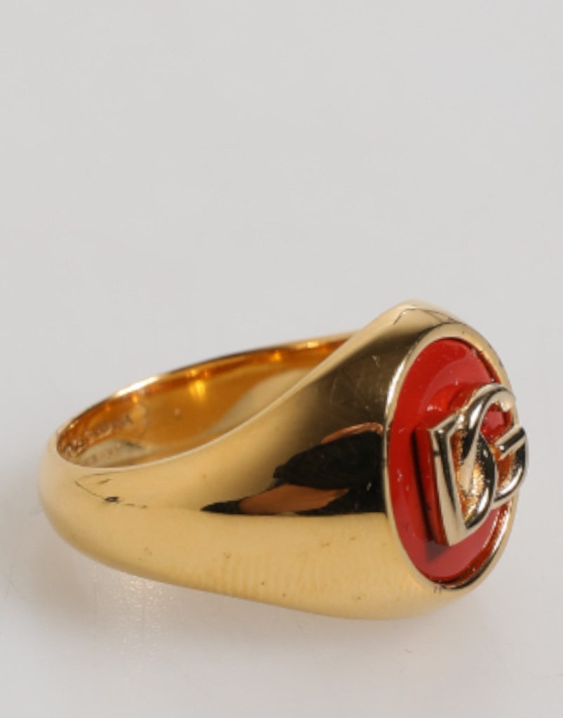 Dolce & Gabbana Gold Tone Real Brass Round Red DG Logo Men Ring - Beyzy Store - Dolce & Gabbana