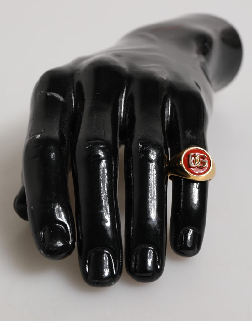 Dolce & Gabbana Gold Tone Real Brass Round Red DG Logo Men Ring - Beyzy Store - Dolce & Gabbana