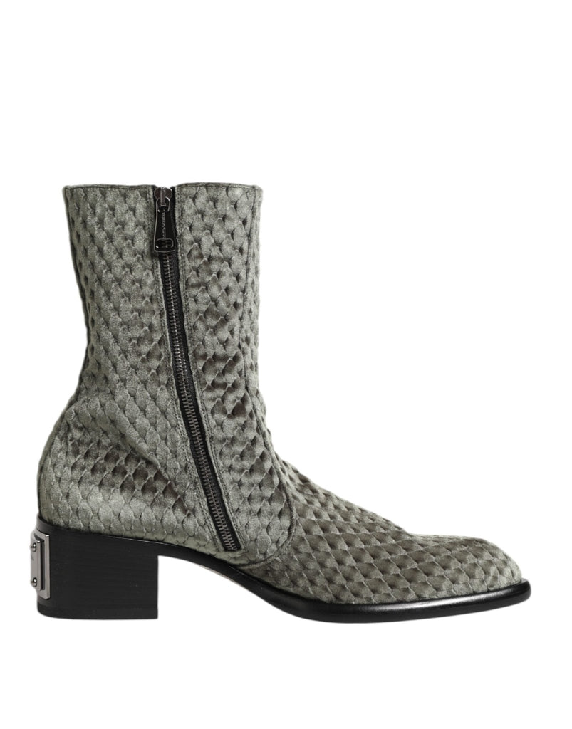 Dolce & Gabbana Gray Cotton Velvet Mid Calf Short Boots Shoes - Beyzy Store - Dolce & Gabbana