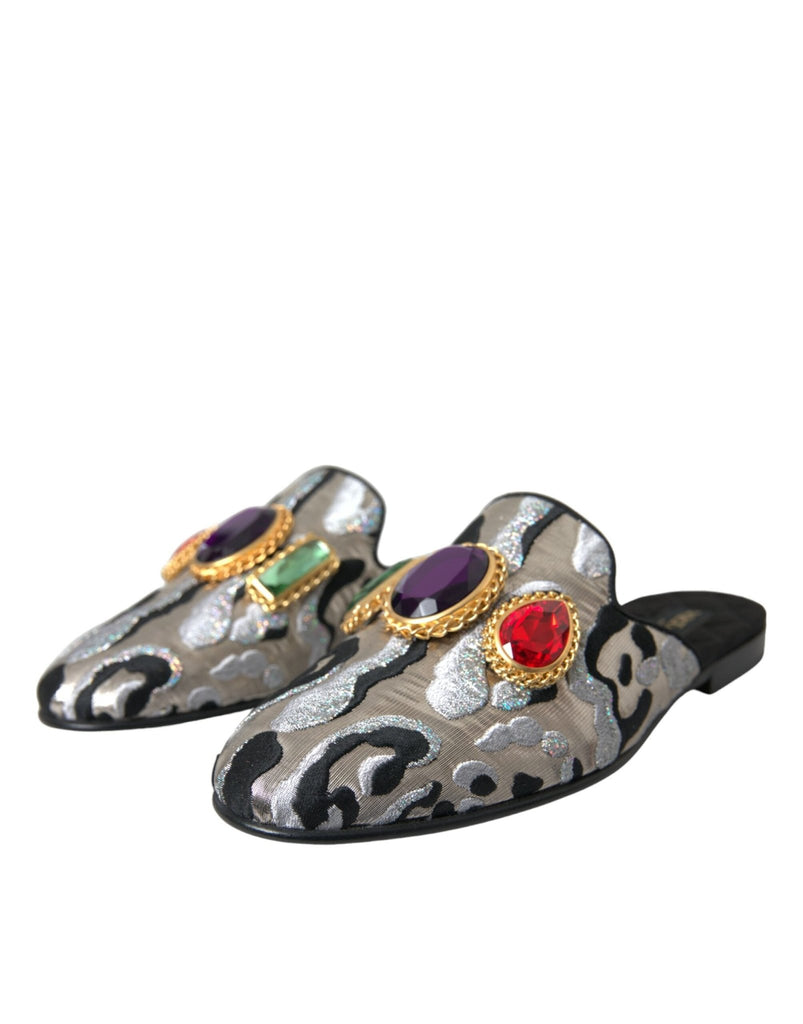 Dolce & Gabbana Gray Jacquard Crystal Mule Flat Sandals Shoes - Beyzy Store - Dolce & Gabbana