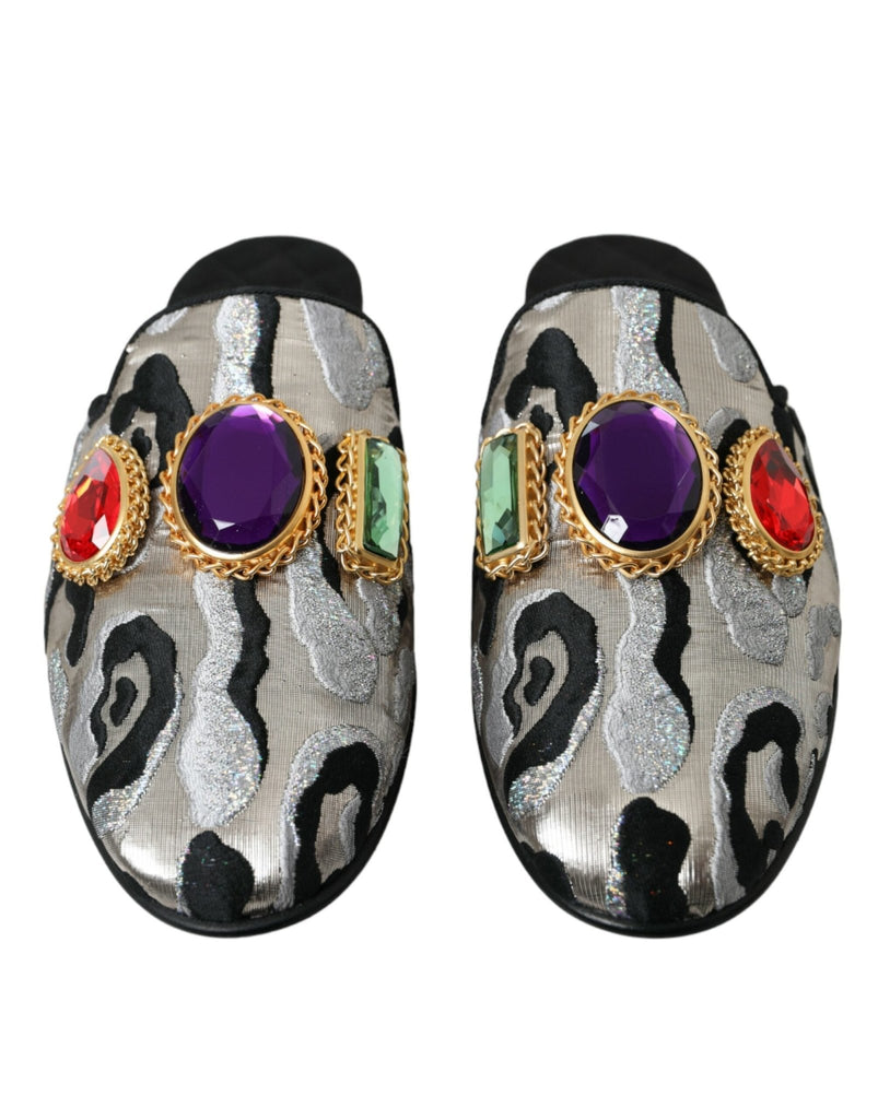 Dolce & Gabbana Gray Jacquard Crystal Mule Flat Sandals Shoes - Beyzy Store - Dolce & Gabbana