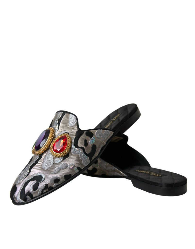 Dolce & Gabbana Gray Jacquard Crystal Mule Flat Sandals Shoes - Beyzy Store - Dolce & Gabbana