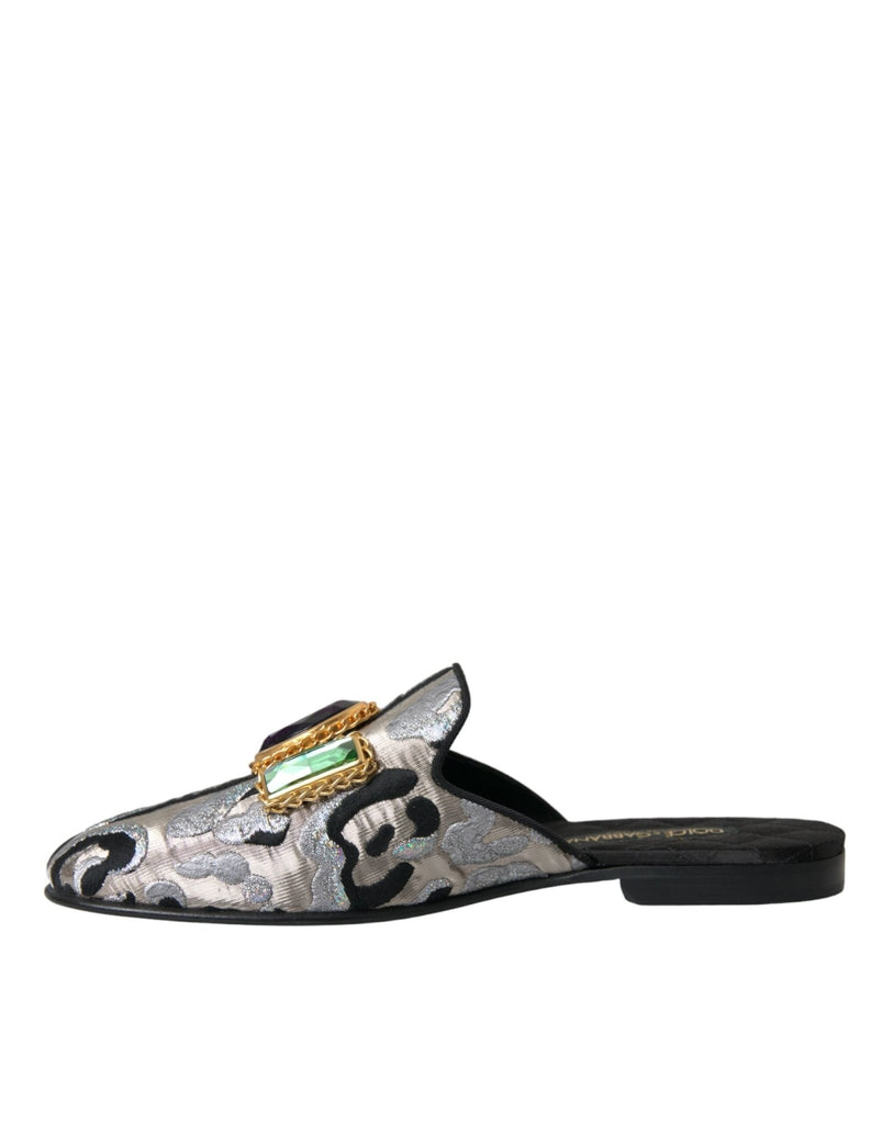 Dolce & Gabbana Gray Jacquard Crystal Mule Flat Sandals Shoes - Beyzy Store - Dolce & Gabbana
