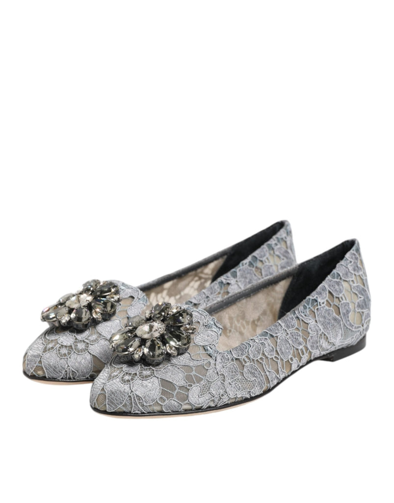 Dolce & Gabbana Gray Taormina Lace Crystals Flats Shoes - Beyzy Store - Dolce & Gabbana