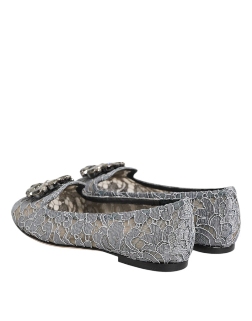 Dolce & Gabbana Gray Taormina Lace Crystals Flats Shoes - Beyzy Store - Dolce & Gabbana