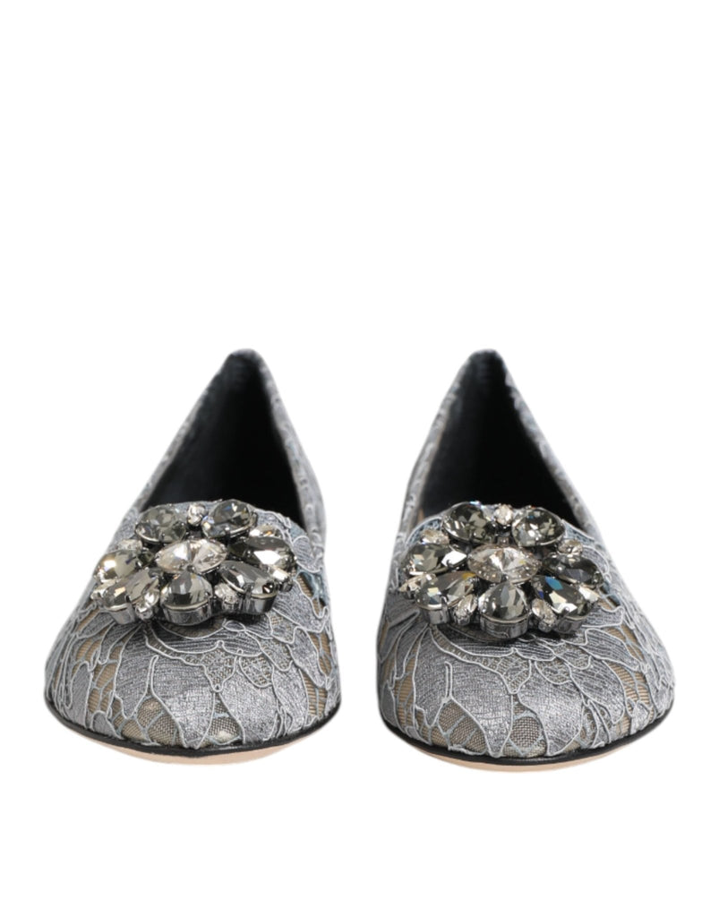 Dolce & Gabbana Gray Taormina Lace Crystals Flats Shoes - Beyzy Store - Dolce & Gabbana