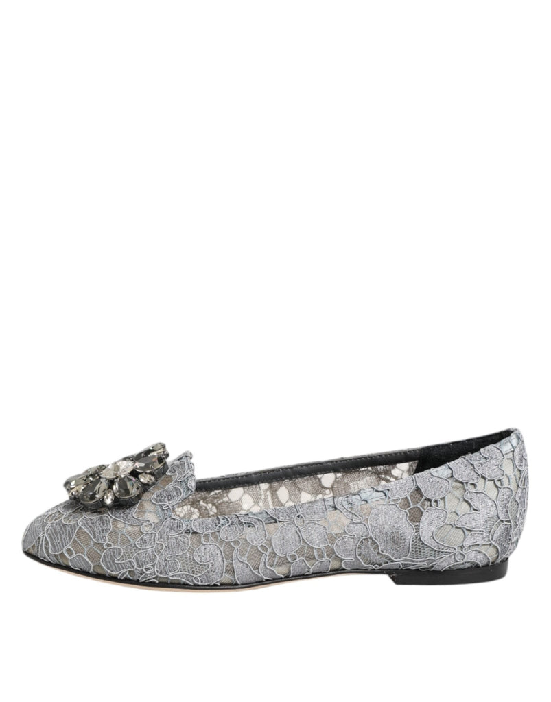 Dolce & Gabbana Gray Taormina Lace Crystals Flats Shoes - Beyzy Store - Dolce & Gabbana