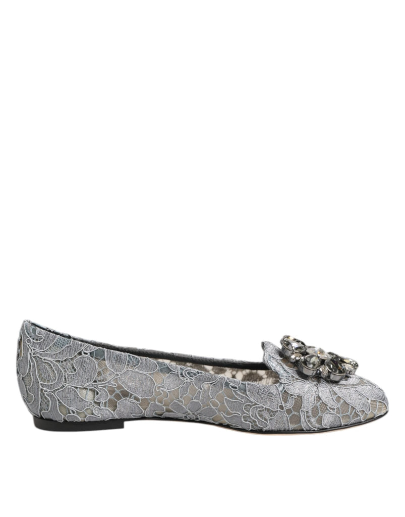 Dolce & Gabbana Gray Taormina Lace Crystals Flats Shoes - Beyzy Store - Dolce & Gabbana