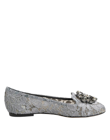 Dolce & Gabbana Gray Taormina Lace Crystals Flats Shoes - Beyzy Store - Dolce & Gabbana