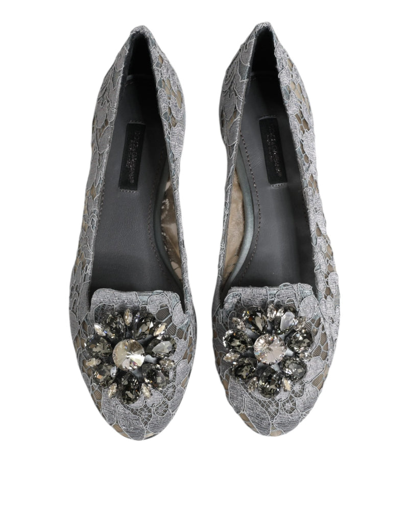 Dolce & Gabbana Gray Taormina Lace Crystals Flats Shoes - Beyzy Store - Dolce & Gabbana