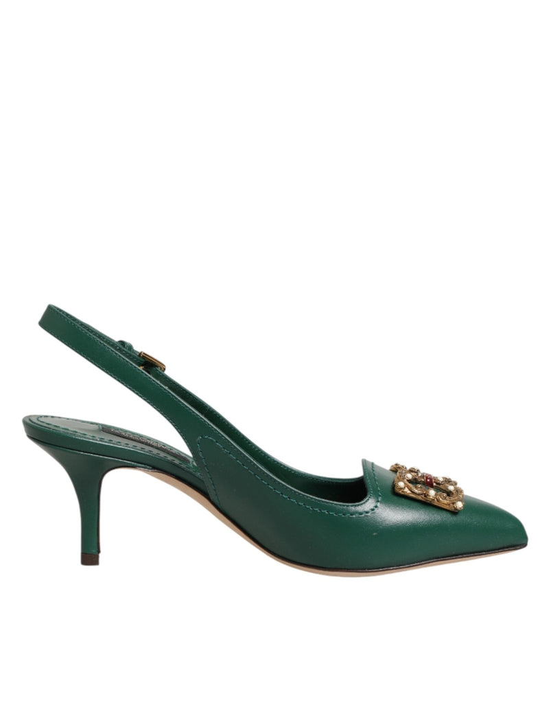 Dolce & Gabbana Green Leather AMORE Heels Slingbacks Shoes - Beyzy Store - Dolce & Gabbana