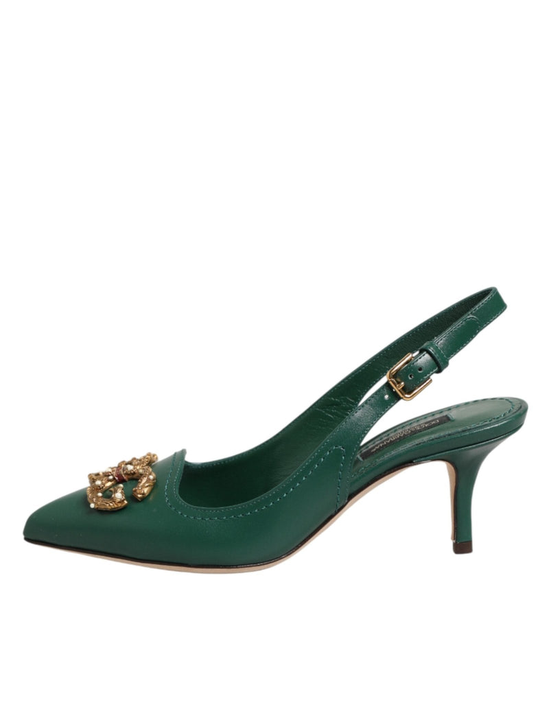 Dolce & Gabbana Green Leather AMORE Heels Slingbacks Shoes - Beyzy Store - Dolce & Gabbana