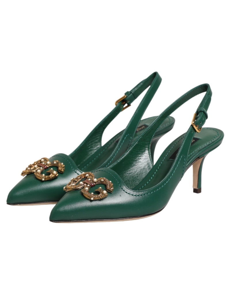 Dolce & Gabbana Green Leather AMORE Heels Slingbacks Shoes - Beyzy Store - Dolce & Gabbana