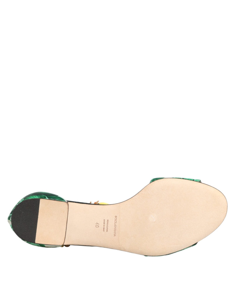 Dolce & Gabbana Green Mink Fur Satin Banana Leaf Sandals Shoes - Beyzy Store - Dolce & Gabbana