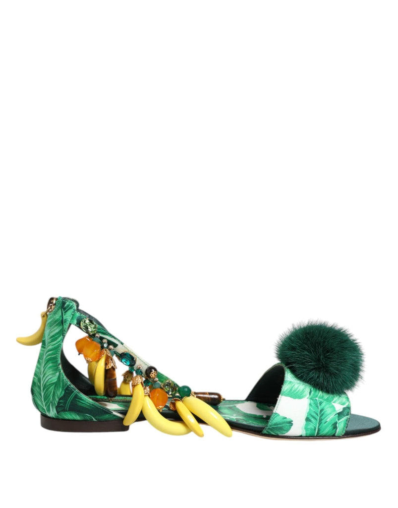 Dolce & Gabbana Green Mink Fur Satin Banana Leaf Sandals Shoes - Beyzy Store - Dolce & Gabbana