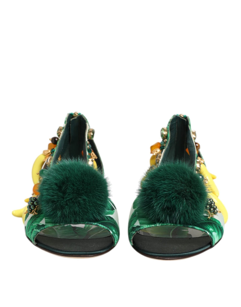 Dolce & Gabbana Green Mink Fur Satin Banana Leaf Sandals Shoes - Beyzy Store - Dolce & Gabbana